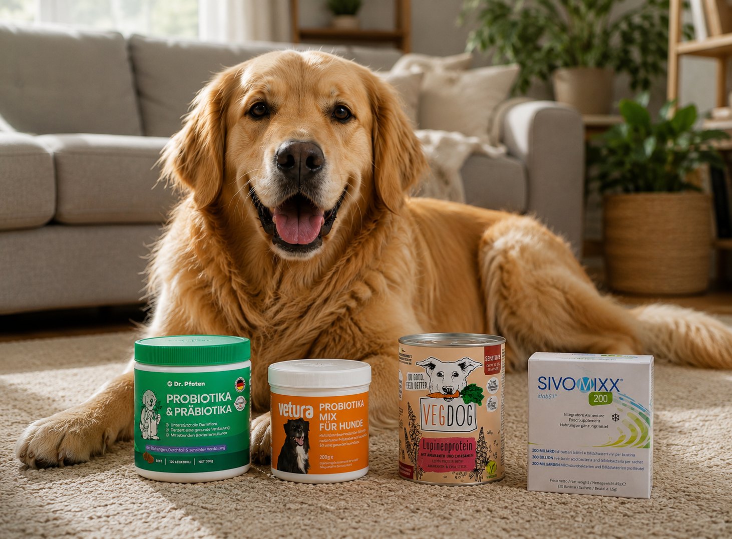 Golden Retriever mit den getesteten Probiotika für Hunde: Dr. Pfoten, Vetura, VEGDOG und Sivomixx