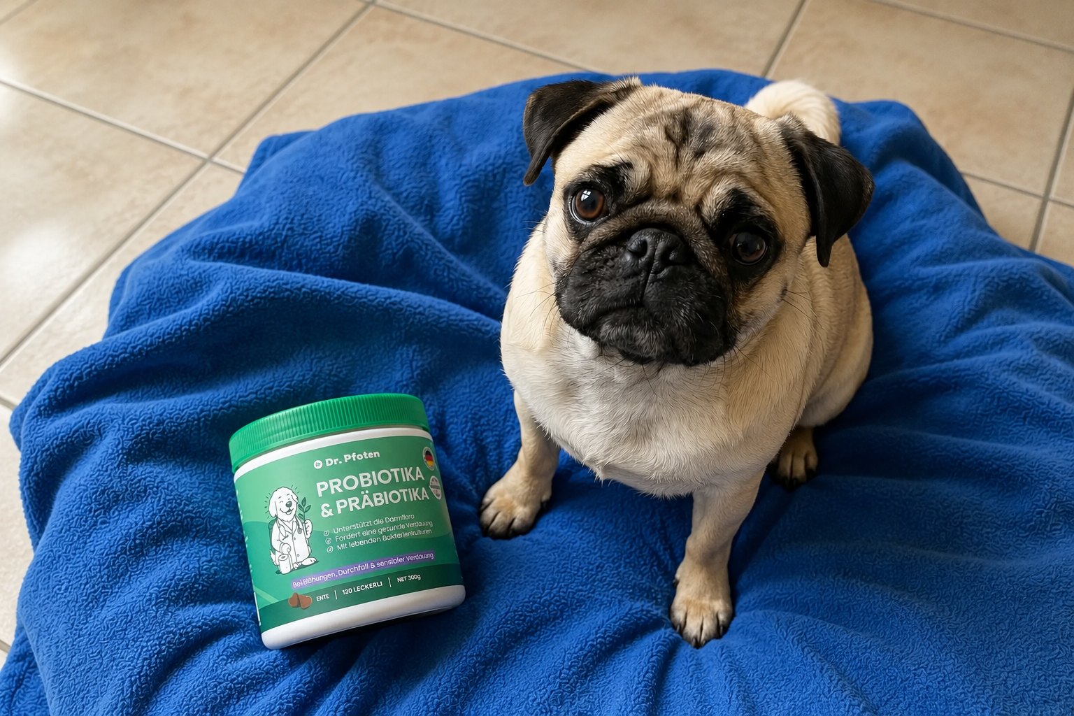 Mops mit Dr. Pfoten Probiotika & Präbiotika Leckerlis